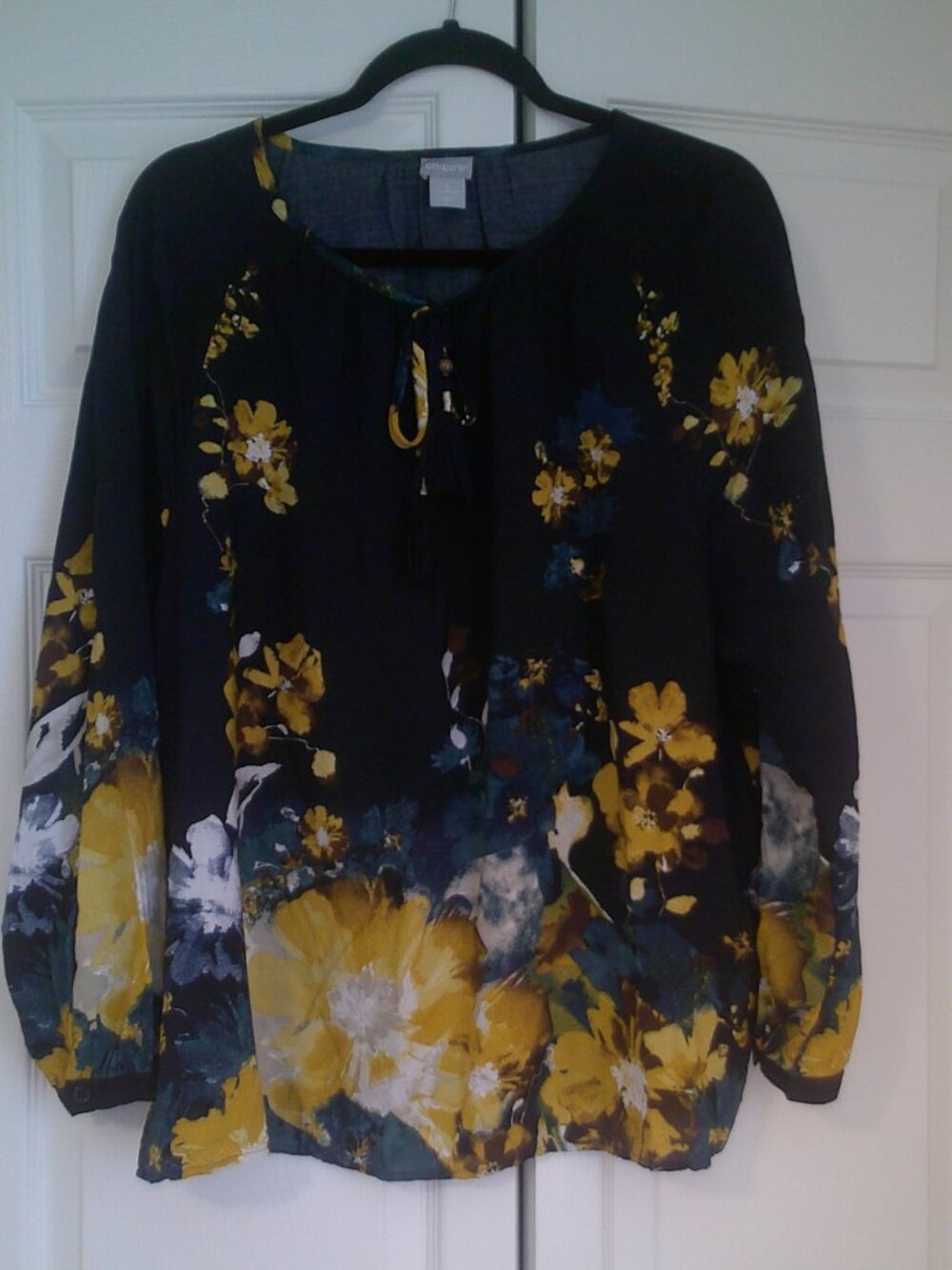 Chico's Navy Floral Tassel Long Sleeve Blouse Size 3 / XL /16